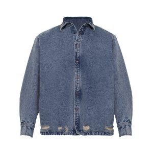 Джинсовая синяя рубашка unisex из хлопка с винтажной варкой и рваными элементами