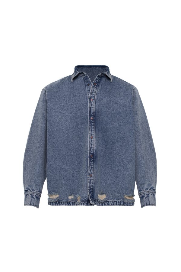 Джинсовая синяя рубашка unisex из хлопка с винтажной варкой и рваными элементами